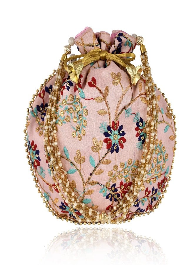 STLYZ Traditional Embroidered Potli Bag For Women, Handmade Pure Silk Potli Handbag Wristlets Ethnic Bridal Potli Batwa Bag For Ladies Wedding Return Gifts (Baby Pink) - Image 1